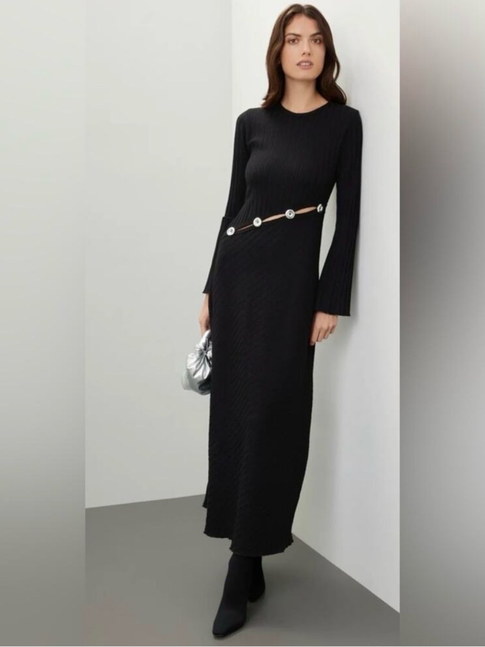 Simon Miller Simm Ribbed Black Stretch Dress Cutouts Silver Button Detail XL